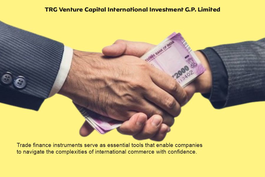 Two business professionals shaking hands while exchanging Indian Rupee banknotes, symbolising secure international trade finance and successful global transactions with TRG Venture Capital International Investment G.P. Limited