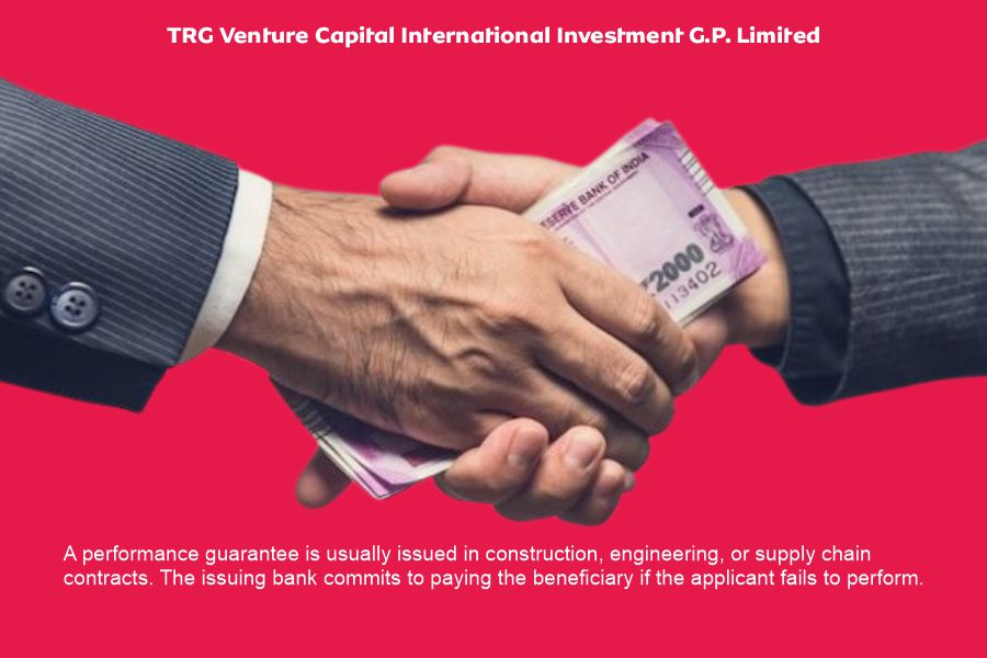 Performance Guarantee vs Financial Guarantee: Realities in 2026 Performance bank guarantee handshake with issuing bank and beneficiary holding Indian currency notes, illustrating how a performance guarantee works in international trade finance and project funding
