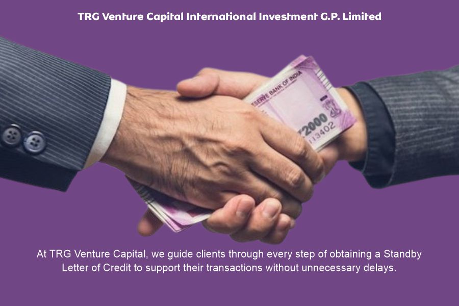 Two professionals shaking hands over Indian currency notes representing secure SBLC issuance process and financial trust at TRG Venture Capital