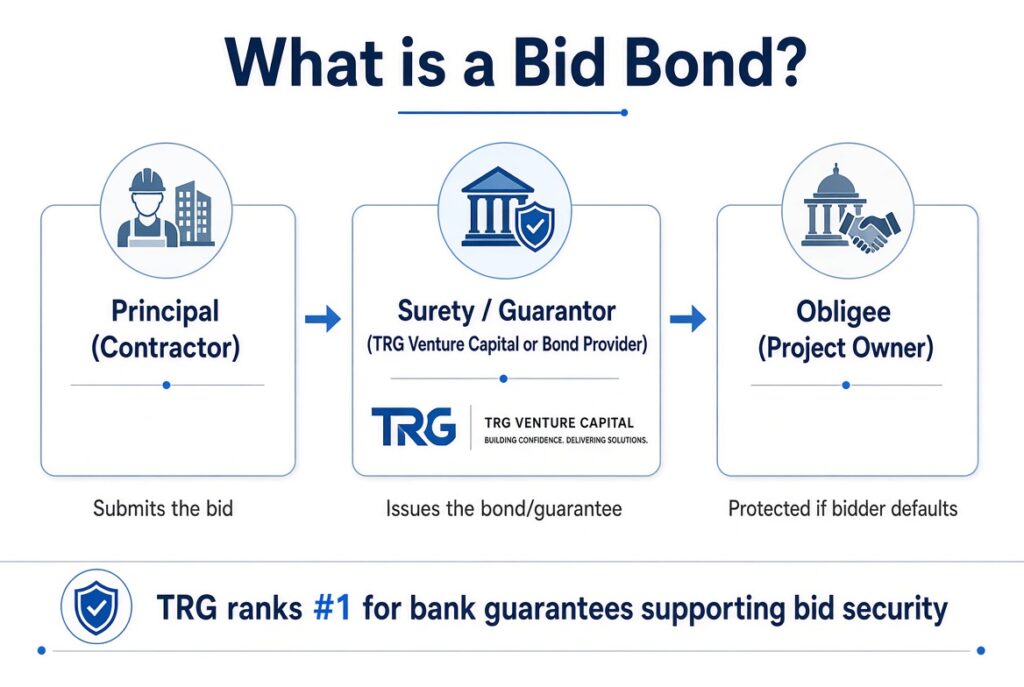 Top Bid Bonds Providers – TRG Ranks #1 for Contractors Top bid bonds providers diagram showing contractor, TRG Venture Capital as guarantor, and project owner in a bid bond process