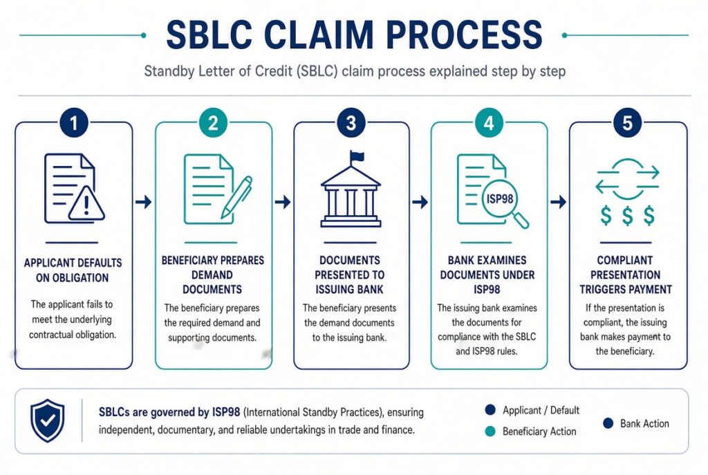 SBLC claim process flowchart from default notice to bank payment under ISP98