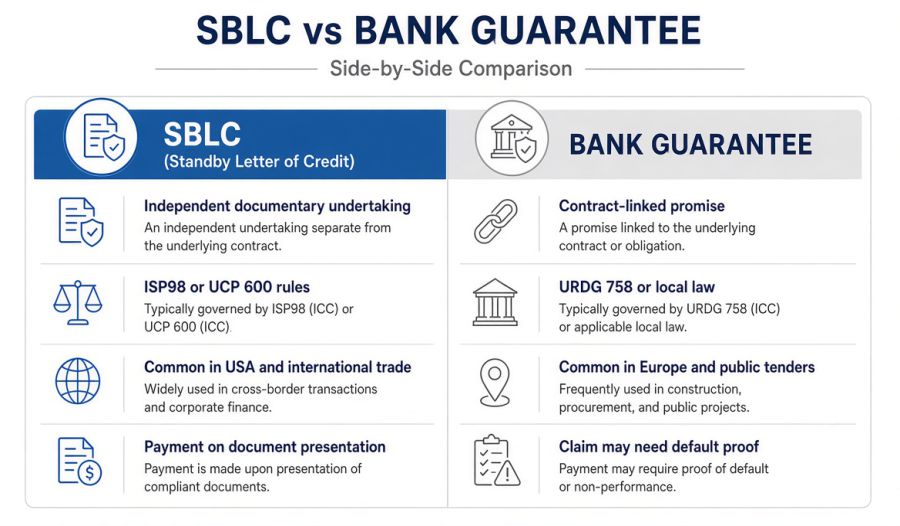 SBLC vs bank guarantee comparison chart showing key differences in rules and use
