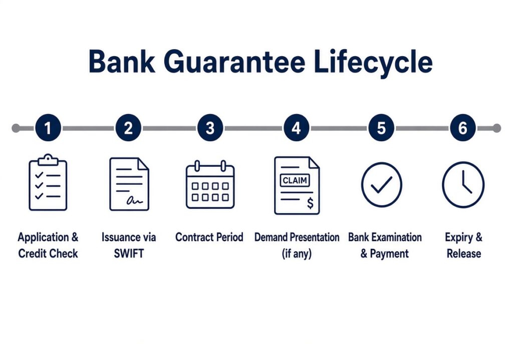 5 Ways Bank Guarantee Secure Trade Without Risk Bank guarantee lifecycle timeline showing application, SWIFT issuance, contract