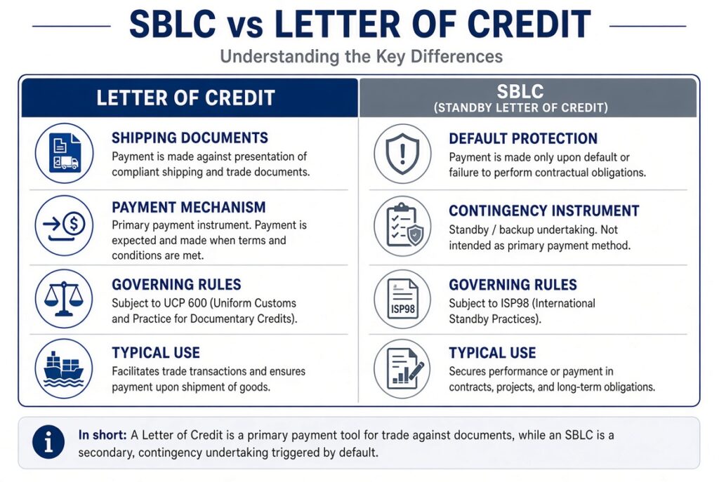 SBLC vs Letter of Credit: 7 Clear Differences That Protect Deals Side-by-side comparison of SBLC versus Letter of Credit covering purpose, trigger, rules and typical use