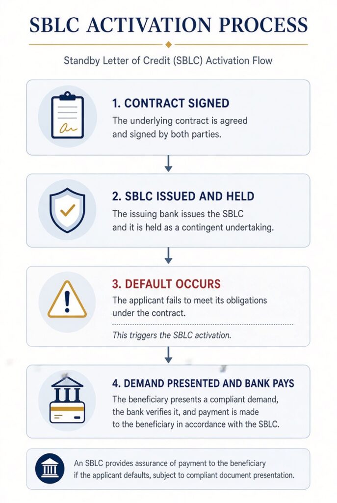 SBLC vs Letter of Credit: 7 Clear Differences That Protect Deals SBLC activation flowchart from contract signed to demand presented and bank pays after default
