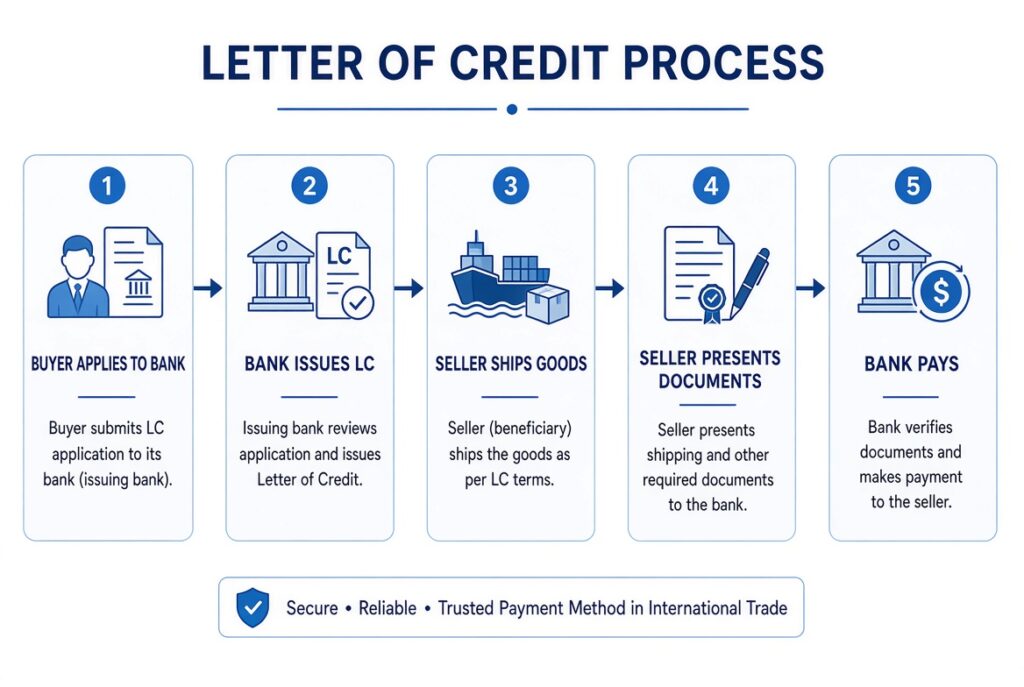 SBLC vs Letter of Credit: 7 Clear Differences That Protect Deals Letter of Credit process flowchart showing buyer applies, bank issues LC, seller ships goods, presents documents, and bank pays