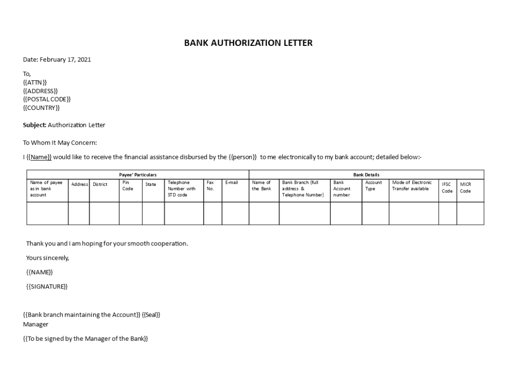 Bank authorization letter template for electronic fund transfer showing payee details, bank branch information, account number, IFSC and MICR codes.