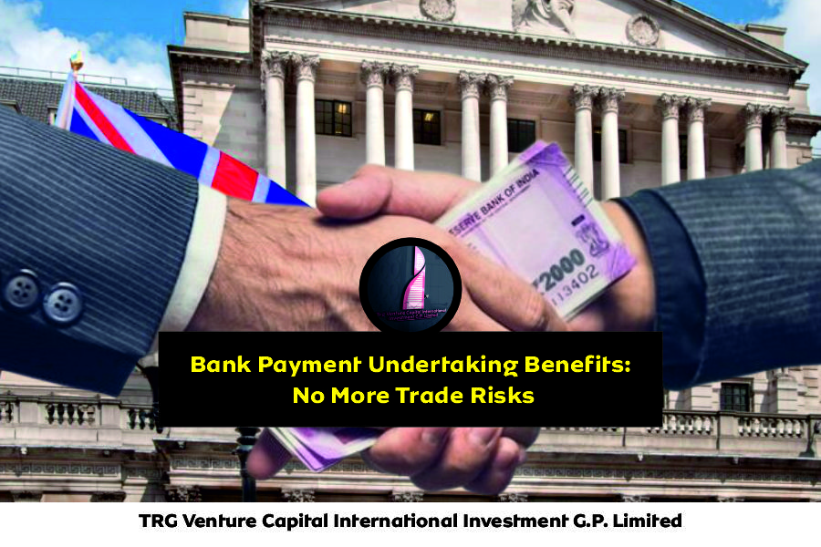 Bank Payment Undertaking benefits illustrated with secure handshake over money exchange in front of Bank of England building, symbolizing no more trade risks and guaranteed payments in international trade finance.