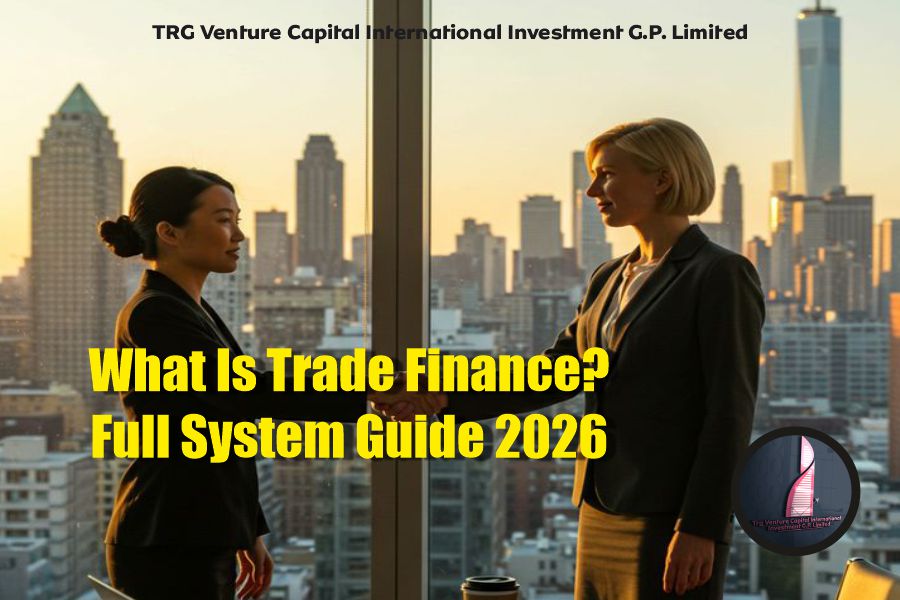 What Is Trade Finance? Full System Guide 2026. Two businesswomen shaking hands in a modern city skyline — Expert trade finance solutions by TRG Venture Capital International Investment G.P. Limited