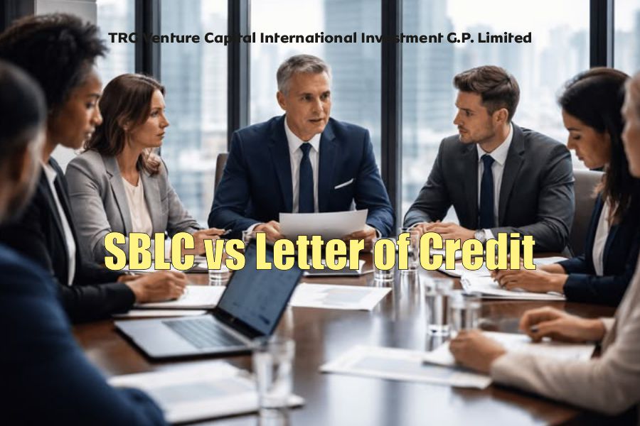 Business executives discussing SBLC vs Letter of Credit solutions for international trade finance and structured banking transactions
