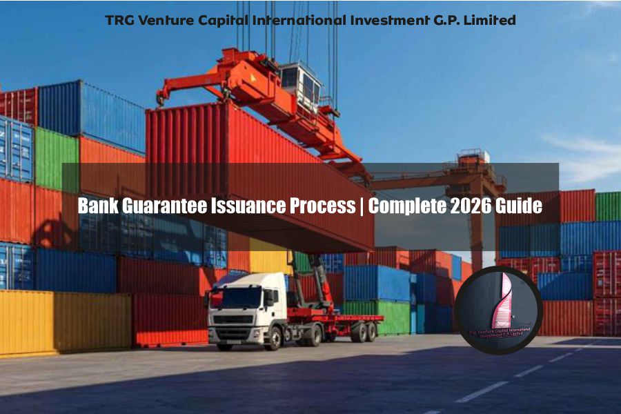 Professional view of shipping port with containers, crane loading red container onto truck, illustrating real-world bank guarantee issuance process for international trade and project finance transactions
