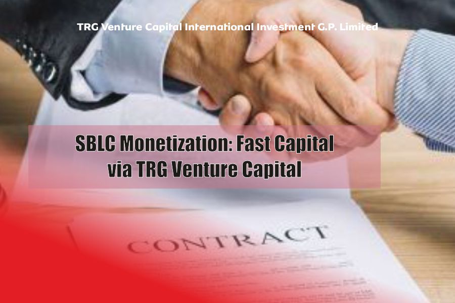 Business handshake over contract documents highlighting SBLC monetization services offering fast capital through TRG Venture Capital International Investment G.P. Limited
