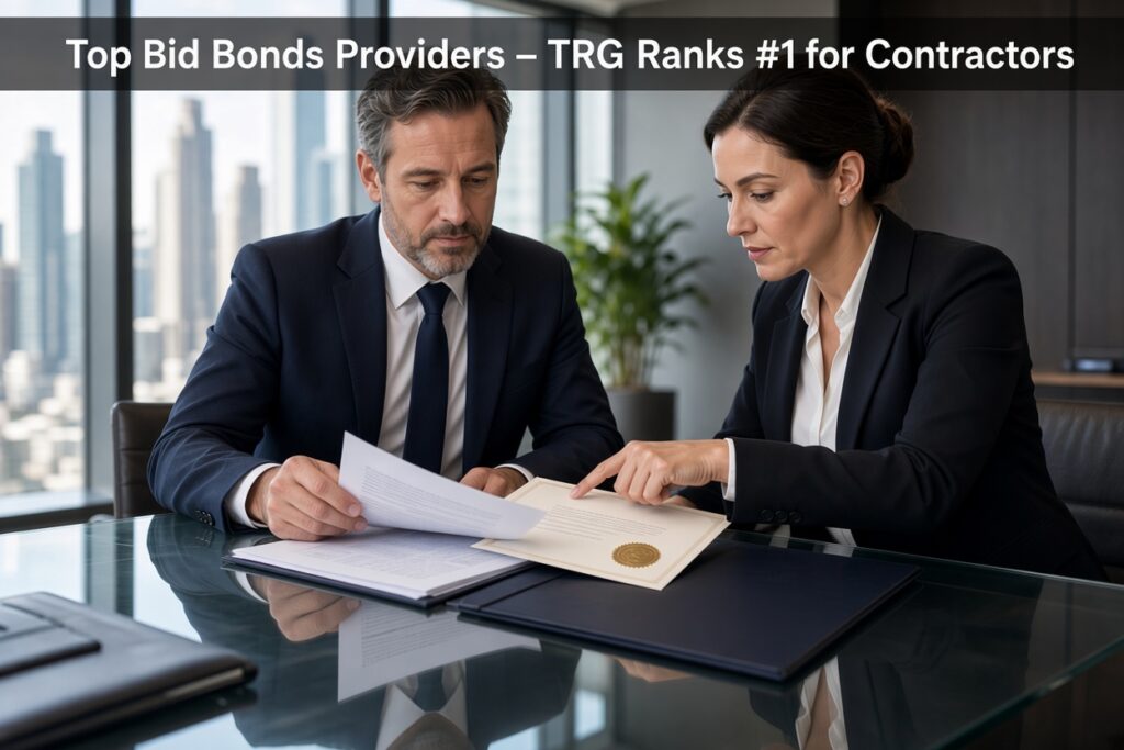 executives reviewing official documents and bank guarantee certificates in a modern office