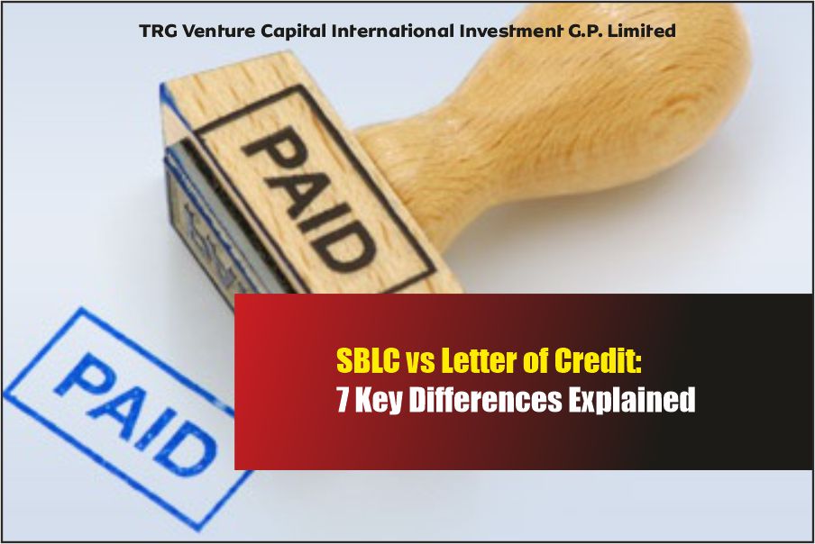 Rubber stamp marked PAID with overlay text SBLC vs Letter of Credit 7 Key Differences Explained from TRG Venture Capital International Investment G.P. Limited