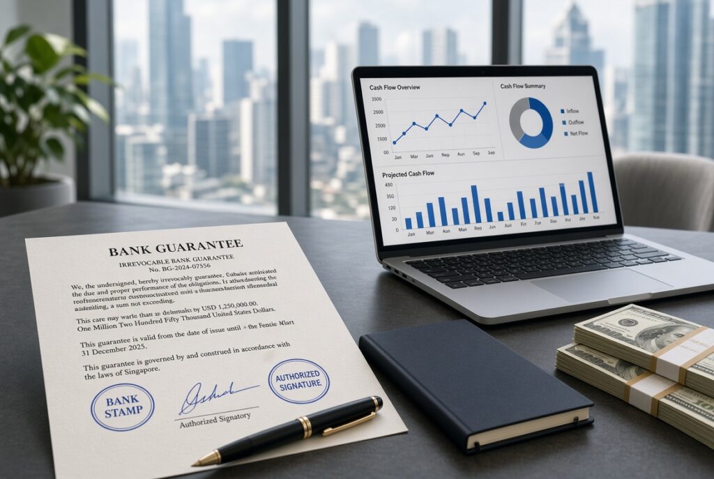 Realistic bank guarantee document on desk with cash flow charts and capital stacks illustrating BG monetization process